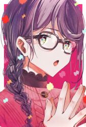 Rule 34 | 1girl, alternate hairstyle, bad id, bad twitter id, black-framed eyewear, border, braid, braided ponytail, commentary request, fingernails, glasses, gradient background, hair over shoulder, hands up, highres, hoshimi junna, jewelry, long hair, long sleeves, looking away, low ponytail, necklace, nijiko (c2cs4q), outside border, own hands together, palms together, parted lips, pendant, portrait, purple hair, red background, red sweater, shoujo kageki revue starlight, side ponytail, single braid, solo, sweater, white border, yellow eyes
