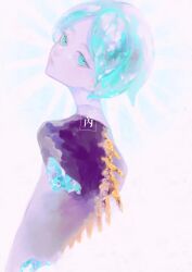 Rule 34 | 1other, amputee, androgynous, aqua eyes, aqua hair, colored eyelashes, crystal hair, gem uniform (houseki no kuni), glowing, head tilt, highres, houseki no kuni, looking at viewer, looking to the side, other focus, phosphophyllite, ruilibing, severed torso, short hair, simple background, solo, spikes, white background