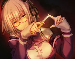 Rule 34 | 10s, 1girl, bow, bowtie, breasts, closed mouth, commentary request, gridman universe, half-closed eyes, hands up, head tilt, headphones, holding, jacket, knife, large breasts, long sleeves, looking at viewer, nail polish, off shoulder, pink hair, pink nails, purple bow, purple bowtie, purple jacket, red eyes, shinjou akane, shirt, short hair, sleeves past wrists, smile, solo, ssss.gridman, ueda metawo, upper body, white shirt