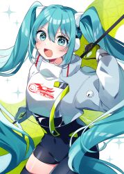 Rule 34 | 1girl, :d, aqua eyes, aqua hair, asymmetrical bodysuit, black bodysuit, black gloves, blush, bodysuit, commentary, covered navel, cowboy shot, cropped jacket, gloves, goodsmile racing, green gloves, hair between eyes, hair ornament, hatsune miku, headphones, high collar, highres, holding, holding pole, jacket, long hair, looking at viewer, mamec0s, mixed-language commentary, open mouth, pole, race queen, racing miku, racing miku (2022), romaji commentary, signature, smile, solo, sparkle, twintails, two-tone gloves, very long hair, vocaloid, white jacket