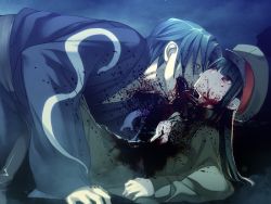 Rule 34 | 1boy, 1girl, all fours, bad end, black hair, blood, blood from mouth, blood on clothes, blood on face, blue hair, blunt bangs, breasts, cannibalism, death, eating, empty eyes, flat chest, game cg, guro, hanachirasu, hat, igarasu yoshia, ishima kaigen, japanese clothes, kimono, long hair, lying, military, military uniform, nipples, nitroplus, no bra, non-web source, on back, oosaki shin&#039;ya, open clothes, open shirt, peaked cap, red eyes, shirt, short hair, small breasts, uniform