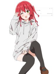 Rule 34 | 1girl, arm up, bad hands, black thighhighs, blush, bocchi the rock!, brown footwear, commentary request, dated, dress, grey sweater, hair between eyes, hand on own thigh, highres, hood, hooded sweater, invisible chair, kita ikuyo, long hair, long sleeves, looking at viewer, one eye closed, one side up, open mouth, red hair, sitting, smile, solo, sweater, sweater dress, thighhighs, to9 722, translation request, twitter, white background, yellow eyes, zettai ryouiki