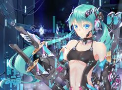 Rule 34 | 1girl, bare shoulders, blue eyes, breasts, green hair, hatsune miku, headgear, long hair, looking at viewer, navel, pc9527, small breasts, smile, solo, sword, twintails, underboob, vocaloid, weapon