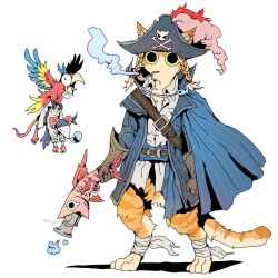 1boy animal_ears bandaged_leg bandages barefoot belt bird black_eyes black_hat blue_cape blue_coat body_fur braid brown_gloves cape cat_boy cat_ears cat_tail coat colored_sclera digitigrade ears_through_headwear elbow_gloves fewer_digits fish fryprai furry furry_male gloves gun hat hat_feather highres holding holding_gun holding_weapon jolly_roger looking_at_viewer male_focus mouse_(animal) open_clothes open_coat orange_fur original parrot pirate pirate_hat shirt shoulder_belt side_cape signature simple_background smoke smoking smoking_pipe standing tail twin_braids twitter_username weapon white_background white_shirt yellow_sclera