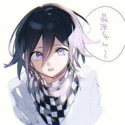 Rule 34 | 1boy, black scarf, checkered clothes, checkered scarf, danganronpa (series), danganronpa v3: killing harmony, flipped hair, hair between eyes, highres, long sleeves, looking at viewer, male focus, multicolored hair, oma kokichi, protected link, scarf, short hair, simple background, sketch, smile, solo, speech bubble, teeth, translation request, two-tone hair, upper body, upper teeth only, white background, white scarf, ze ro saiji