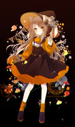 Rule 34 | 1girl, animal ears, black background, black footwear, black gloves, black hat, black skirt, bow, breasts, brown eyes, brown hair, closed mouth, commentary request, flower, full body, ginkgo leaf, gloves, hand up, hat, hat bow, hat flower, highres, jacket, leaf, long hair, long sleeves, looking at viewer, open clothes, open jacket, orange jacket, orange socks, original, pennant, puffy long sleeves, puffy sleeves, ribbed legwear, ribbed socks, rose, shirt, shoes, simple background, skirt, small breasts, socks, solo, string of flags, striped, striped bow, very long hair, white bow, white flower, white rose, white shirt, witch hat, yuzuyomogi