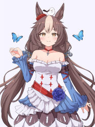 Rule 34 | animal, animal ears, animal on head, bird, blush, breasts, brown eyes, brown hair, bug, butterfly, cleavage, collarbone, commentary request, detached sleeves, hair ornament, highres, horse ears, horse girl, horse tail, insect, long-tailed tit, long hair, long sleeves, low twintails, medium breasts, musicccc, on head, smile, tail, tit (bird), twintails, umamusume, white background, yamanin zephyr (umamusume)
