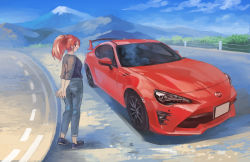 Rule 34 | 1girl, car, highres, looking to the side, momo hiki, motor vehicle, open mouth, original, personification, red eyes, red hair, toyota, toyota 86, vehicle focus