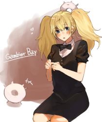 Rule 34 | 1girl, alternate costume, bad id, bad twitter id, black dress, blonde hair, blue eyes, blush, character name, dress, enemy lifebuoy (kancolle), gambier bay (kancolle), hair between eyes, heart, inusaka, kantai collection, looking at viewer, short sleeves, simple background, sitting, solo focus, tearing up, twintails