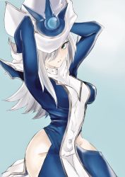 Rule 34 | armor, arms behind head, blue eyes, breasts, duel monster, gloves, gradient background, hair over one eye, hat, highres, hip vent, kneeling, large breasts, long hair, long sleeves, looking at viewer, no panties, pauldrons, shoulder armor, silent magician, solo, tabard, tagme, white gloves, white hair, wizard hat, yu-gi-oh!