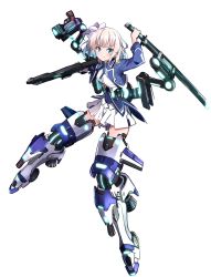 Rule 34 | 1girl, blonde hair, blue eyes, blue jacket, blue ribbon, blush, closed mouth, commentary request, cropped jacket, gun, hayakawa harui, highres, holding, holding gun, holding sword, holding weapon, jacket, long hair, long sleeves, looking at viewer, mecha musume, neck ribbon, pleated skirt, ribbon, simple background, skirt, smile, solo, sword, v-shaped eyebrows, valkyrie impulse, weapon, white background, white skirt