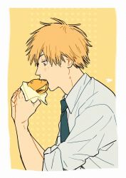 Rule 34 | black necktie, blonde hair, border, burger, chainsaw man, collared shirt, denji (chainsaw man), eating, food, holding, holding food, looking at food, necktie, ohisama33ohayo3, sharp teeth, shirt, short hair, sleeves rolled up, solo, teeth, white border, white shirt, yellow background