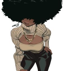 Rule 34 | 1girl, absurdres, afro, big hair, black pants, brown sweater, cleavage cutout, clothing cutout, dark-skinned female, dark skin, female focus, hair over eyes, hand on own hip, highres, jewelry, leaning forward, necklace, open mouth, original, pants, signature, simple background, solo, sweater, turtleneck, viv (whoopsatro), white background, whoopsatro