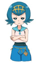 Rule 34 | 1girl, blue eyes, blue hair, blue sailor collar, closed mouth, creatures (company), game freak, lana (pokemon), looking at viewer, nintendo, nyonn24, pokemon, pokemon sm, sailor collar, short hair, simple background, sleeveless, solo, white background