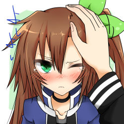 Rule 34 | 10s, 1girl, blush, brown hair, green eyes, hair ornament, hand on another&#039;s face, hand on another&#039;s head, head pat, headpat, highres, if (neptunia), long hair, looking at viewer, neptune (series), one eye closed, ribbon, shika tsui, solo, solo focus, tears