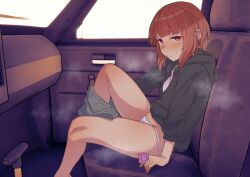 Rule 34 | 1girl, absurdres, alternate costume, bikini, black jacket, blush, brown hair, car interior, closed mouth, commentary request, condom, condom wrapper, highres, holding, holding condom, hood, hood down, jacket, kantai collection, long sleeves, looking at viewer, o-ring, o-ring bikini, open clothes, open jacket, red eyes, shiawase hougan, short hair, shorts, sitting, solo, steam, sweat, swimsuit, undressing, white bikini, z3 max schultz (kancolle)