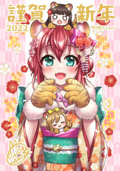 Rule 34 | 2022, 3girls, :d, animal ear fluff, animal ears, animal hands, animal print, black hair, blush, bow, brown hair, brown kimono, chibi, chinese zodiac, commentary request, fangs, floral print, fur-trimmed gloves, fur trim, gloves, green eyes, hair between eyes, hair bow, hands up, highres, japanese clothes, kemonomimi mode, kimono, kunikida hanamaru, kurosawa dia, kurosawa ruby, long sleeves, looking at viewer, love live!, love live! sunshine!!, mole, mole under mouth, mono land, multiple girls, o o, obi, on head, open mouth, paw gloves, print gloves, print kimono, red hair, sash, siblings, sisters, smile, tail, tiger ears, tiger girl, tiger print, tiger tail, translation request, upper body, wide sleeves, yagasuri, year of the tiger, yellow bow, yellow gloves
