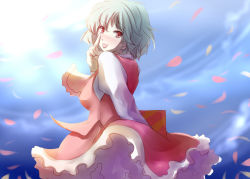 Rule 34 | 1girl, :p, ascot, blush, breasts, dearmybrothers, female focus, frilled skirt, frills, green hair, kazami yuuka, outdoors, red eyes, red skirt, short hair, skirt, skirt set, sky, smile, solo, tongue, tongue out, touhou, vest