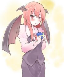 Rule 34 | 1girl, black skirt, blush, collared shirt, commentary request, gift, ginnkei, head wings, highres, holding, holding gift, koakuma, long hair, long sleeves, looking at viewer, necktie, one-hour drawing challenge, open mouth, red eyes, red hair, red necktie, shirt, skirt, solo, touhou, valentine, waistcoat, white shirt, wings