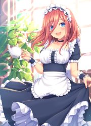 Rule 34 | 1girl, :d, apron, bad id, bad pixiv id, blue eyes, blush, breasts, brown hair, choker, collarbone, commentary request, fingernails, frills, go-toubun no hanayome, hair between eyes, highres, holding, indoors, long sleeves, looking at viewer, maid, maid apron, maid headdress, medium breasts, mutsuba fumi, nail polish, nakano miku, open mouth, plant, skirt hold, smile, solo, standing, teapot, window