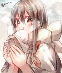 Rule 34 | + +, 10s, 1girl, akagi (kancolle), artist name, bad id, bad pixiv id, baozi, blush, brown eyes, brown hair, cloud, cloudy sky, eating, food, hair between eyes, holding, holding food, japanese clothes, kantai collection, long hair, looking at viewer, looking to the side, nontraditional miko, sky, solo, straight hair, sugino (patrassyar)