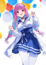 Rule 34 | 1girl, :d, ahoge, anchor hair ornament, balloon, birthday, blue dress, blue hair, blue nails, blunt bangs, blush, bow, braid, breasts, choker, dress, feet out of frame, fisheye, from below, hair ornament, hairband, hana mori, hand up, highres, holding, holding balloon, hololive, jacket, large breasts, long hair, long sleeves, minato aqua, minato aqua (sailor), multicolored hair, nail polish, open clothes, open jacket, open mouth, pantyhose, pink eyes, pink hair, pleated skirt, puffy sleeves, ribbon choker, simple background, skirt, smile, solo, standing, twin braids, twintails, two-tone hair, very long hair, virtual youtuber, white background, white bow, white jacket, white pantyhose