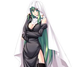 Rule 34 | 1girl, breasts, cleavage, detached sleeves, elleinduse ol tightrantell, garter straps, green hair, hip focus, kannatsuki noboru, large breasts, long hair, non-web source, shawl, shinkyoku soukai polyphonica, side slit, solo, transparent background, very long hair, wide hips