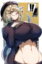 Rule 34 | !, !!, 1girl, animal ear fluff, animal ears, arknights, beret, black jacket, black shirt, blonde hair, book, border, breast pocket, breast suppress, breasts, clothes lift, doctor (arknights), dress shirt, fang, gin moku, glasses, gradient background, groin, hair ornament, hairclip, hat, heart, highres, holding, holding book, huge breasts, impossible clothes, impossible shirt, jacket, long sleeves, looking at viewer, midriff, navel, official alternate costume, open clothes, open jacket, outside border, pocket, purple eyes, shirt, shirt lift, short hair, simple background, skin fang, smile, solo, spoken exclamation mark, tail, tail raised, upper body, utage (arknights), utage (disguise) (arknights), white border, yellow background