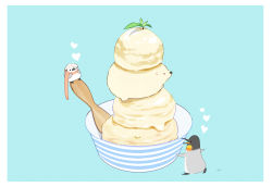 Rule 34 | artist name, bear, bird, blue background, border, chai (drawingchisanne), commentary request, food, food focus, head, highres, ice cream, mint, no humans, original, penguin, scarf, simple background, sitting on food, wooden spoon