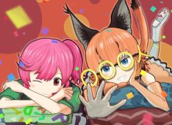 Rule 34 | 2girls, animal ears, blue eyes, boots, bow, bowtie, caracal (kemono friends), elbow gloves, extra ears, glasses, gloves, jacket, kemono friends, kemono friends v project, looking at viewer, microphone, multiple girls, nana (kemono friends), nishnish5319, one eye closed, orange hair, pink hair, red eyes, skirt, smile, tail, virtual youtuber