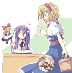 Rule 34 | 2girls, ?, alice margatroid, basket, blonde hair, book, checkerboard cookie, cookie, cross-section, female focus, food, green eyes, long hair, multiple girls, open mouth, patchouli knowledge, purple hair, satou kibi, shanghai doll, touhou, white background