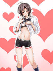Rule 34 | 1girl, antenna hair, bow, bowtie, brown eyes, brown hair, cameltoe, clothes lift, contrapposto, cowboy shot, heart, heart background, highres, idolmaster, idolmaster (classic), kikuchi makoto, long sleeves, looking at viewer, midriff, navel, open mouth, ousanshouou, pink background, ribbed legwear, shirt lift, short hair, socks, solo, standing, stomach, swimsuit, swimsuit under clothes
