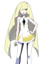 Rule 34 | 1girl, :o, asatsuki (fgfff), bare arms, blonde hair, commentary request, creatures (company), diamond (shape), dress, game freak, gem, green eyes, green gemstone, hair over one eye, hand on own hip, highres, holding, holding poke ball, knees, leggings, long hair, lusamine (pokemon), multicolored hair, nail polish, nintendo, open mouth, poke ball, pokemon, pokemon sm, short dress, sleeveless, sleeveless dress, solo, streaked hair, tongue, transparent background, ultra ball, very long hair, white dress, white leggings, yellow nails