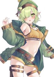 Rule 34 | 1girl, aoi (camp) (princess connect!), aoi (princess connect!), beanie, belt, beret, choker, clover, elf, green eyes, green hair, green hat, hair over one eye, hat, highres, looking at viewer, open mouth, pointy ears, pouch, princess connect!, short hair, short shorts, shorts, simple background, sports bra, thigh pouch, thigh strap, toramaru (toramal9831), white background