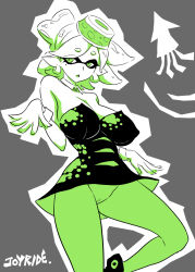 Rule 34 | 1girl, :o, artist name, bare shoulders, breasts, chestnut mouth, cleavage, covered erect nipples, detached collar, dress, female focus, gloves, green pantyhose, hair rings, inkling, joy ride, large breasts, leg up, marie (splatoon), monochrome, nintendo, no bike shorts, object on head, outline, pantyhose, pointy ears, sagging breasts, short hair, simple background, solo, splatoon (series), splatoon 1, squid, strapless, strapless dress, tentacle hair