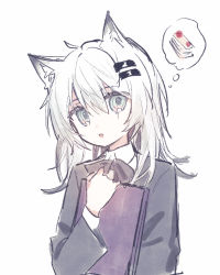 Rule 34 | 1girl, animal ear fluff, animal ears, arknights, black jacket, blush, book, collared shirt, fang, green eyes, hair between eyes, hair ornament, hairclip, hand up, highres, holding, holding book, jacket, lappland (arknights), long sleeves, looking at viewer, parted lips, red medicine, scar, scar across eye, scar on face, shirt, simple background, solo, spoken food, upper body, white background, white hair, white shirt