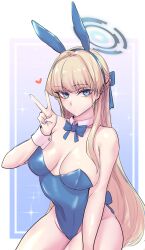 Rule 34 | 1girl, 2poet, absurdres, animal ears, bare shoulders, blonde hair, blue archive, blue eyes, blue leotard, blue nails, bow, bowtie, braid, breasts, commentary request, covered navel, detached collar, expressionless, fake animal ears, halo, heart, highres, korean commentary, leotard, long hair, looking at viewer, medium breasts, playboy bunny, rabbit ears, solo, strapless, strapless leotard, toki (blue archive), toki (bunny) (blue archive), v, wrist cuffs