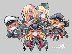 Rule 34 | &gt;:), 10s, 5girls, :d, ;d, aircraft, airplane, bismarck (kancolle), black panties, black socks, blonde hair, blue eyes, chibi, crop top, detached sleeves, dress, dual persona, flower, gloves, graf zeppelin (kancolle), green eyes, grey background, hair flower, hair ornament, hands on own hips, hat, heart, heart in mouth, kantai collection, kneehighs, long hair, machinery, miniskirt, multiple girls, one eye closed, open mouth, panties, pantyhose, parted lips, peaked cap, pleated skirt, prinz eugen (kancolle), ro-500 (kancolle), sailor dress, school swimsuit, shibi, sidelocks, simple background, skirt, smile, socks, swimsuit, tan, thighhighs, tsurime, turret, twintails, u-511 (kancolle), underwear, uniform, v-shaped eyebrows, white gloves