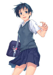 Rule 34 | 1girl, bag, bag charm, black hair, blue eyes, charm (object), collared shirt, katou akatsuki, looking at viewer, open mouth, original, pleated skirt, school bag, school uniform, shirt, short hair, short sleeves, skirt, smile, solo, sweater vest