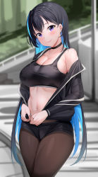 Rule 34 | 1girl, absurdres, bare shoulders, black choker, black hair, black shorts, black sports bra, blue hair, blurry, blurry background, blush, breasts, choker, cleavage, closed mouth, earrings, hair behind ear, head tilt, highres, jacket, jewelry, large breasts, pantyhose under shorts, long hair, navel, off shoulder, open clothes, open jacket, original, outdoors, pantyhose, purple eyes, short shorts, shorts, smile, sports bra, standing, stomach, sweat, tem10, thighs