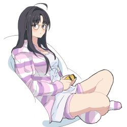Rule 34 | 1girl, absurdres, ahoge, awa subaru, black hair, blush, breasts, cardigan, closed mouth, commentary request, controller, crossed legs, full body, game controller, girls band cry, glasses, highres, holding, holding controller, holding game controller, jibe1212, long hair, long sleeves, looking at viewer, medium breasts, purple cardigan, purple eyes, purple shorts, purple socks, shirt, shorts, simple background, sitting, socks, solo, striped cardigan, striped clothes, striped socks, white background, white shirt