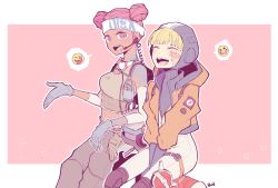 Rule 34 | 1girl, :d, ;p, animification, apex legends, arm at side, artist name, backpack, bag, between legs, blonde hair, blue gloves, blunt bangs, blush, bodysuit, breasts, cable, character name, closed eyes, closed mouth, coiled cord, commentary request, cropped jacket, dark-skinned female, dark skin, double bun, elbow pads, facial scar, gloves, hair bun, hand between legs, hand up, headband, headset, highres, hood, hooded bodysuit, jacket, knee pads, lifeline (apex legends), long sleeves, looking at viewer, mask, mask around neck, medic, medium breasts, ming (5unri5e666), mouth mask, one eye closed, open clothes, open jacket, open mouth, orange jacket, pink eyes, pink hair, ribbed bodysuit, scar, scar on cheek, scar on face, short hair, shoulder tattoo, sitting, small breasts, smile, solo, surgical mask, tattoo, thigh strap, tongue, tongue out, upper body, wattson (apex legends), zipper
