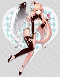 Rule 34 | 1girl, asymmetrical legwear, blonde hair, blue eyes, boots, bracelet, breasts, cleavage, cleavage cutout, clothing cutout, female focus, flower, hair flower, hair ornament, heart, jewelry, long hair, long sleeves, mismatched legwear, open mouth, original, phonic, simple background, solo, wings
