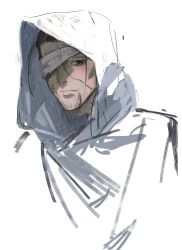Rule 34 | 1boy, absurdres, bandage over one eye, black hair, cape, closed mouth, commentary, expressionless, facial hair, facial scar, golden kamuy, haxinssy, highres, hood, hood up, hooded cape, looking at viewer, male focus, ogata hyakunosuke, scar, scar on cheek, scar on face, simple background, solo, stubble, symbol-only commentary, upper body, white background, white cape