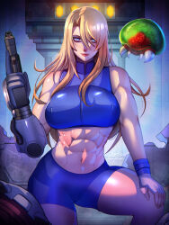 Rule 34 | 1girl, abs, absurdres, bare shoulders, blonde hair, blue eyes, blue shorts, breasts, closed mouth, commentary, crop top, expressionless, fingerless gloves, gloves, gun, hair between eyes, hand on own knee, hand up, highres, holding, holding gun, holding weapon, indoors, large breasts, long bangs, looking at viewer, metroid, metroid (creature), metroid fusion, midriff, mole, mole under mouth, muscular, muscular female, navel, nintendo, patreon username, samus aran, shorts, signature, skin tight, sleeveless, solo, trigger discipline, twitter username, weapon, white gloves, xuuikie ashe, zero suit