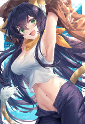 Rule 34 | 1girl, :d, absurdres, animal ear fluff, animal ears, armpits, arms up, black hair, blue pants, blush, breasts, brown jacket, commission, crop top, green eyes, hair between eyes, highres, jacket, large breasts, long hair, midriff, navel, open mouth, original, pants, shichigatsu, shirt, skeb commission, sleeveless, sleeveless shirt, smile, solo, tail, very long hair, white shirt