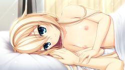 Rule 34 | 1girl, asami asami, bed, blonde hair, blue eyes, blush, collarbone, curtains, flat chest, game cg, highres, holding hands, kurashiki azusa, long hair, looking at viewer, lying, nipples, nude, on side, pillow, pretty x cation 2, smile, solo focus, under covers, upper body