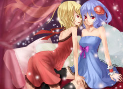 Rule 34 | 2girls, ass, bare shoulders, black legwear, blonde hair, blue dress, blue skirt, curtains, dress, eye contact, female focus, flandre scarlet, flower, hair flower, hair ornament, hand on another&#039;s face, hand on thigh, highres, imminent kiss, lace, lace-trimmed legwear, lace trim, leg grab, looking at another, multiple girls, naughty face, no headwear, no headwear, no wings, profile, purple hair, red dress, remilia scarlet, rose, see-through, short hair, side ponytail, sitting, skirt, sleeveless, sleeveless dress, strapless, strapless dress, thighhighs, touhou, wrist cuffs, yekong, yuri, zettai ryouiki