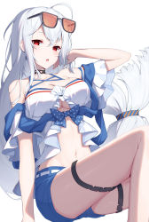 Rule 34 | 1girl, :o, arknights, arm support, bare shoulders, bikini, bikini shorts, breasts, choker, cleavage, eyewear on head, hair between eyes, hand in own hair, highres, large breasts, long hair, looking at viewer, navel, official alternate costume, red eyes, shorts, silver hair, sitting, skadi (arknights), skadi (waverider) (arknights), solo, stomach, sunglasses, swimsuit, thigh strap, tinted eyewear, very long hair, yuxian youka