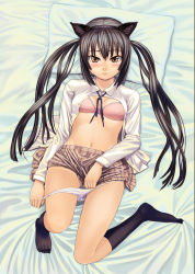 Rule 34 | 00s, 1girl, animal ears, black hair, blush, bra, brown eyes, cat ears, hairband, highres, k-on!, lasterk, lingerie, long hair, lying, nakano azusa, navel, no panties, on back, open clothes, open shirt, panties, panty pull, skirt, solo, thighhighs, twintails, underwear